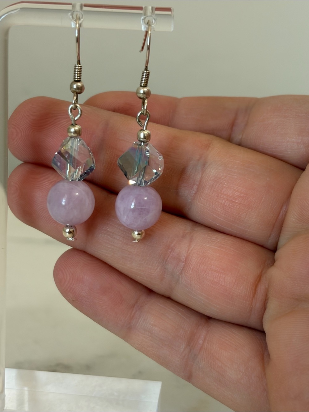 AB Multifaceted Glass and Kunzite Earrings - Picture 5 of 8